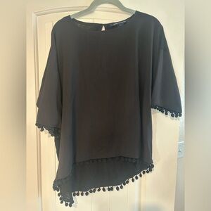French Connection Black Pom-Pom Trim Blouse